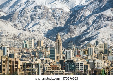 Winter Tehran  View With A Snow Covered Alborz Mountains On Background