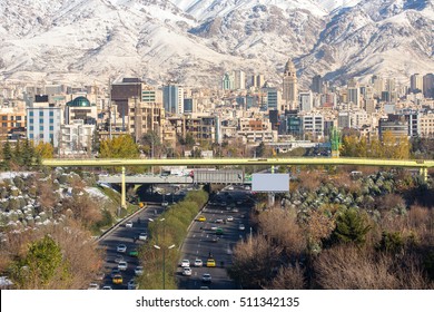 Winter Tehran View With A Snow Covered Alborz Mountains On Background. Panorama