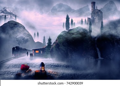 Winter Theme Christmas Lantern And Landscape Fantasy