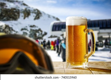Winter time and cold beer on table 
