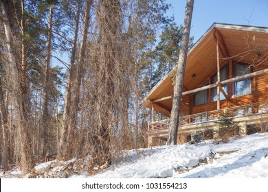 winter time day light in pine forest with traditional rustic style mansion with big terrace and snow covered trees