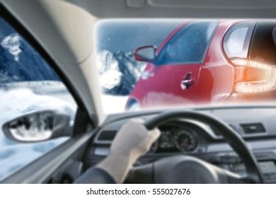 Winter Time And Driver In Car Interior 