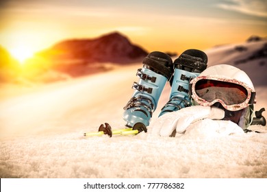 Winter Time And Ski Space On Snow With Sunset