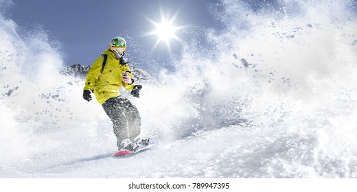 Winter time. Skier and mountains landscape 