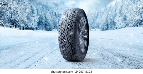 Winter tire on snowy road with beautiful landscape in countryside - Powered by Shutterstock