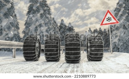 winter tires change - Beware winter is coming, Car tires with snow change on the ice road with road sign