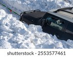 Winter tires. Off road in snow on the mountains. Offroad vehicle in snow. Off road vehicle in the forest, drift in the snow. SUV Off road in a Snowstorm. Cars off-roads trip, winter offroad track.