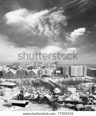 Winter town. Black and white photo