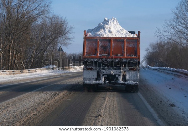 Winter. A truck takes\
snow out of the city after a snowfall. Part of the photo is out of\
focus and blurred.