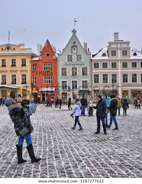 Winter Vacation Estonia Tourists Walk Old Stock Image Download Now