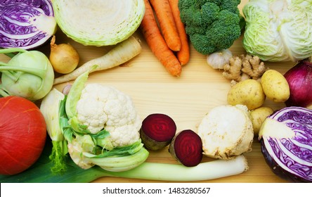 Winter Vegetables On Wood, Flatlay