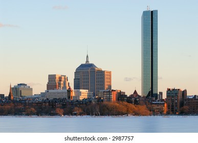Winter view of Boston from Cambridge in late afternoon