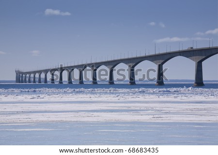 A winter view of the Confederation Bridge that links Prince Edward Island, Canada with mainland New Brunswick. (as viewed from the PEI side)