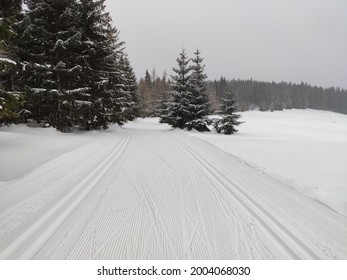 A winter view of a cross-country ski trail prepared with a snow groomer with a foggy sky and forest and meadow around in Izerskie Mountains, Jakuszyce, Szklarska Poręba in Poland