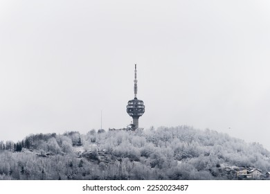 Winter view of destroyed Sarajevo TV Tower. The Hum Tower or Toranj Hum is a telecommunication tower located on Mount Hum in the periphery of Sarajevo. Symbol of a city.  - Shutterstock ID 2252023487