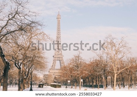 A winter view of the Eiffel Tower in Paris, with snow gently covering the ground and the iconic landmark standing tall against a cold, cloudy sky