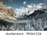 Winter View of  El Capitan, Bridal Veil Falls and Half Dome seen from the Tunnel view. Yosemite National Park