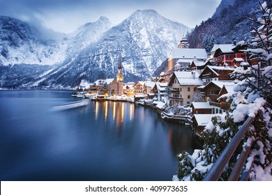 Winter View Of Hallstatt, Traditional Austrian Wood Village, UNESCO World Culture Heritage Site. Alps, Austria.