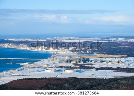 Winter view from the hill to the LNG plant, Sakhalin island, Russia
