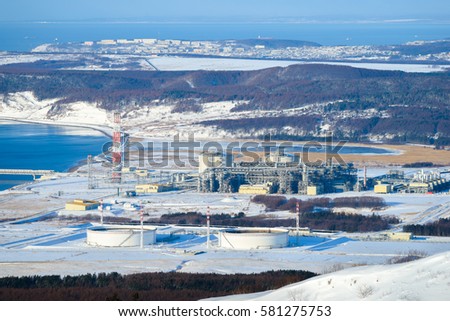 Winter view from the hill to the LNG plant, Sakhalin island, Russia