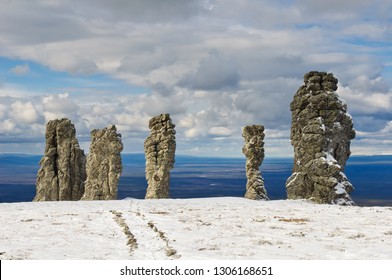 Winter View Of Manpupuner Rock Formations. One Of The Seven Wonders Of Russia. Mansi Sacred Land. Located In Komi Republic, Northern Ural.