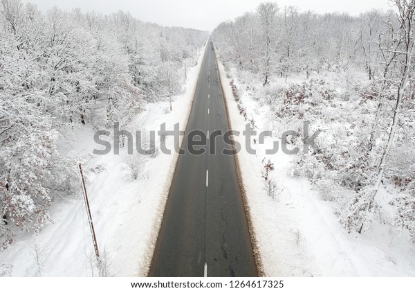 Winter view of a road in the middle of the forest
covered with snow