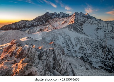 Winter View From Kopské Sedlo In The High Tatras With Rocks With Beautiful Icing. Vysoke Tatry, Slovakia, High Tatras