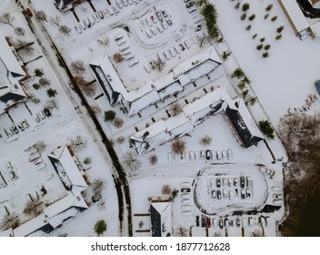 The Winter View Of Small Apartment Complex Courtyards Roof Houses On Covered Snow