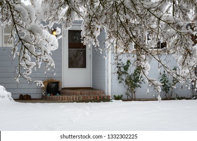 Winter view of a snow covered driveway and front of a light gray house from under a snow covered tree
