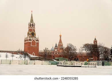 Winter view of Spasskaya and Tsarskaya towers of the Moscow Kremlin. Moscow, Russia