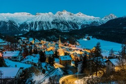 Winter View Of St. Moritz And Surrounding Mountains, Graubunden, Switzerland