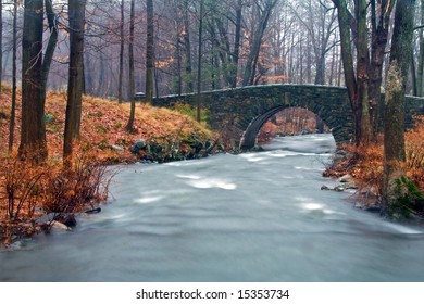 Winter View Of Stone Arch Bridge Over Pocantico River.