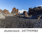 Winter view of tourists walking on black sand near lava rocks and tower against icecap at Dritvik, Iceland
