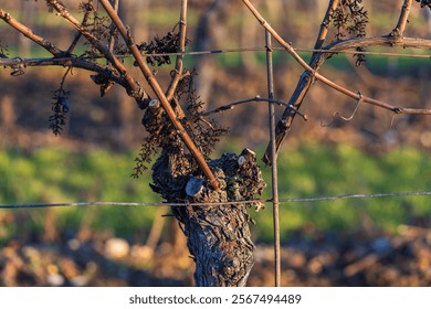 Winter vineyard, work in the vineyard, winter pruning of old branches in the setting sun with beautiful light