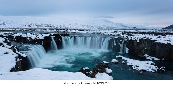 Goðafoss in winter, the waterfall of the gods, North-Central Iceland