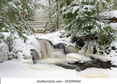 Winter Waterfall In Michigan, Pictured Rocks National Lakeshore.