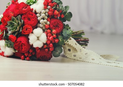 Winter Wedding Bouquet Of Red Peonies And Cotton