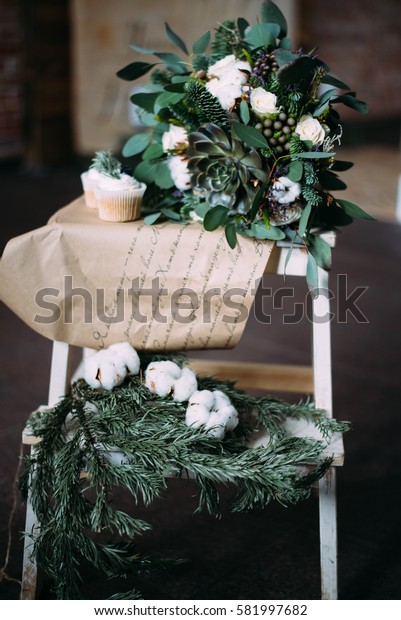 Winter Wedding Decor Wedding Bouquet Cupcakes Stock Photo Edit