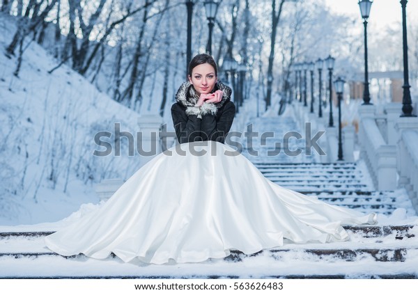 Winter Wedding Portrait Portrait Beautiful Sitting Stock Photo