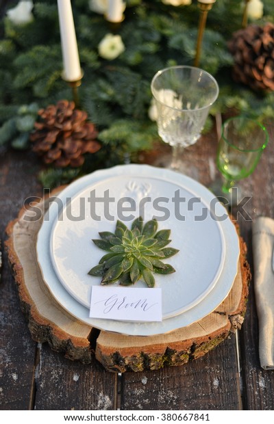 Winter Wedding Table Decoration Wood Style Stock Photo Edit Now