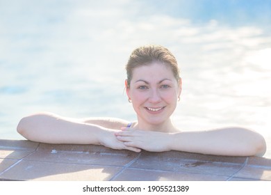 Winter Wellness Spa Resort Woman Swimming In Hot Spring Thermal Pools Bath