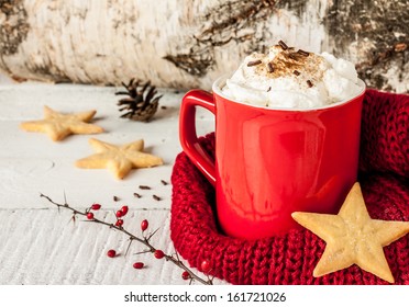 Winter Whipped Cream Hot Coffee In A Red Mug With Star Shaped Cookies And Warm Scarf - Rural Still Life