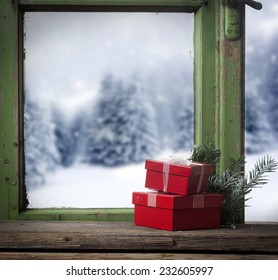 Winter Window And Red Gift Boxes