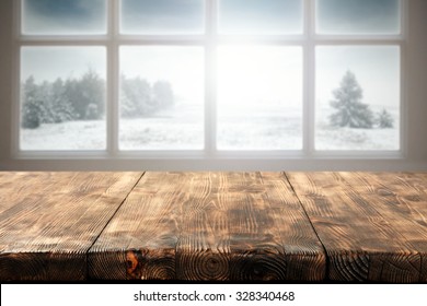 winter window and wooden table place 