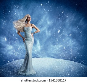 Winter Woman Fashion Dress And Hairstyle, Model Beauty Portrait In Snow, Long Gown Waving Hair