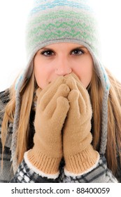 Winter Woman With Mittens On Trying To Stay Warm