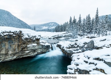 Winter Wonderland In Bragg Creek, Kananaskis Country, Alberta, Canada. Elbow Falls