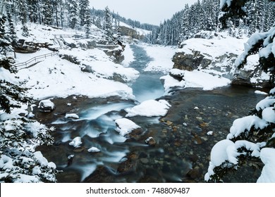 Winter Wonderland In Bragg Creek, Kananaskis Country, Alberta, Canada. Elbow Falls