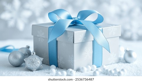 Winter wonderland Christmas gift box with frosted Christmas balls, silver glitter accents, and an icy blue ribbon AI generated image - Powered by Shutterstock