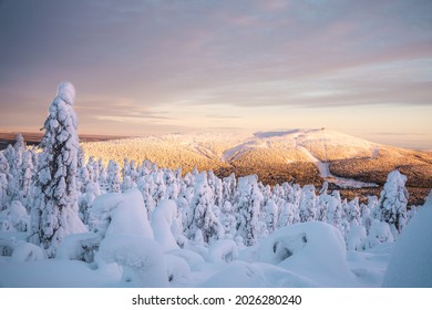 Winter wonderland in Finnish Lapland. Winter holiday in winter wonderland. Winter landscape sunset.